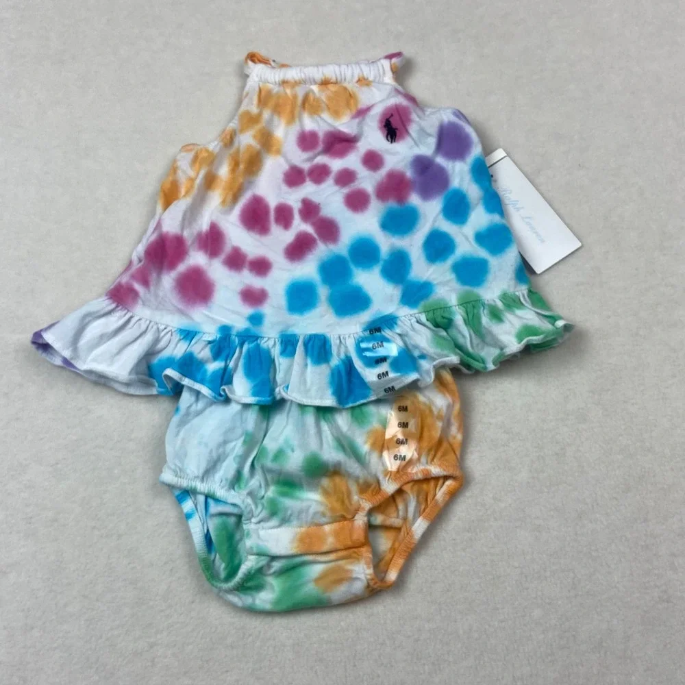 Ralph Lauren Baby Girls Tie‎ Dye Halter Romper 6M Rainbow Ruffle Bodysuit